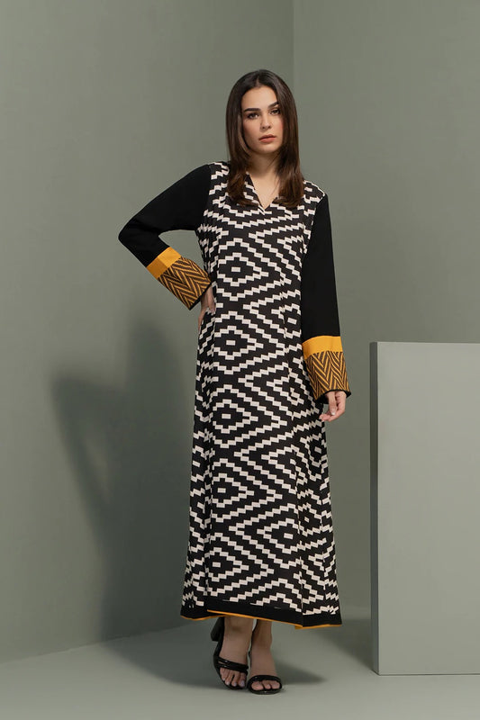 Geometric Print Long Dress – Black & Mustard Statement Style