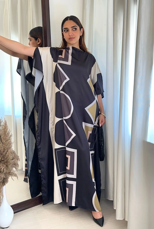 Golden Geometry Kaftan Dress – Luxe Satin Edition