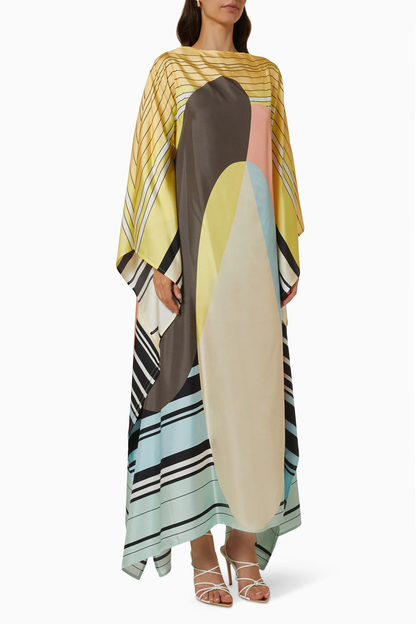 Pastel Wave Silk Kaftan Dress – Abstract Elegance