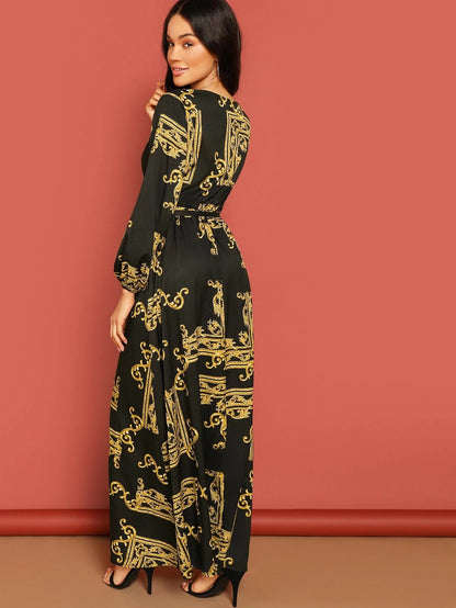 Midnight Muse Wrap Maxi Dress – Baroque Print Elegance