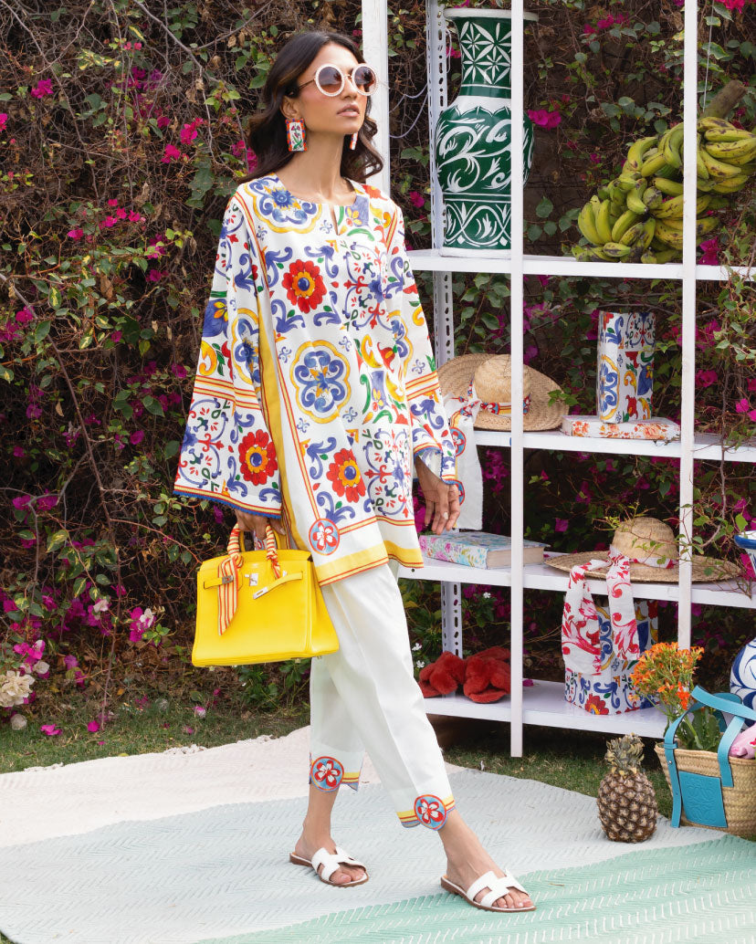 Mediterranean Mosaic Printed Co-ord Set – Multicolor on White