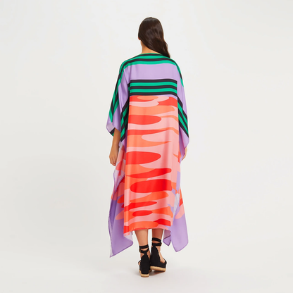Vibrant Lilac & Coral Striped Abstract Kaftan