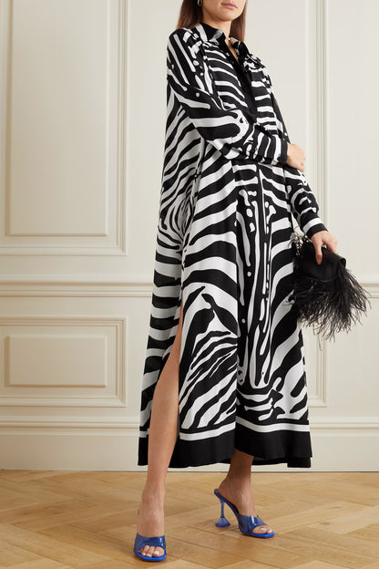 Monochrome Mirage Satin Shirt Dress – Black & White
