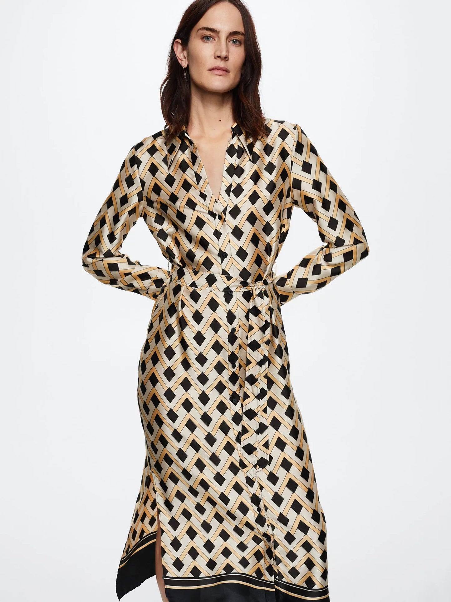 Golden Maze Satin Shirt Dress – Black & Gold