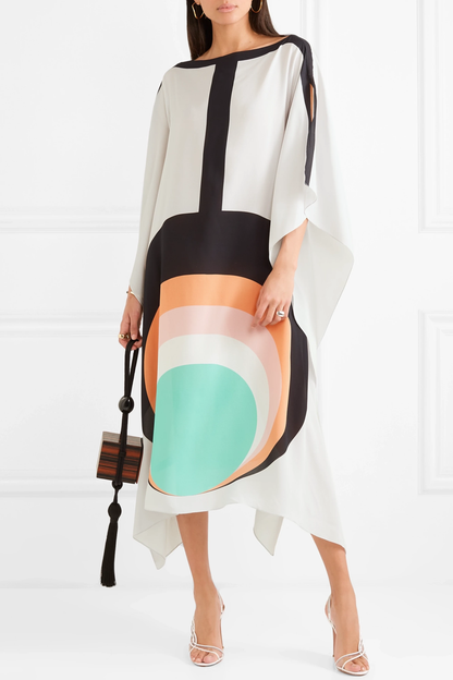 Contemporary White Abstract Circle Print Kaftan