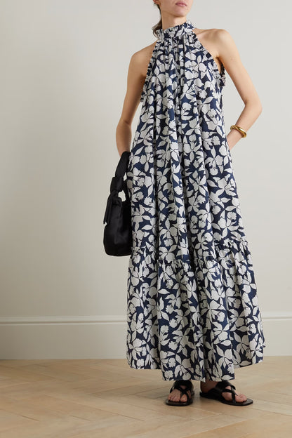 Midnight Bloom Halter Maxi Dress – Navy & White Floral