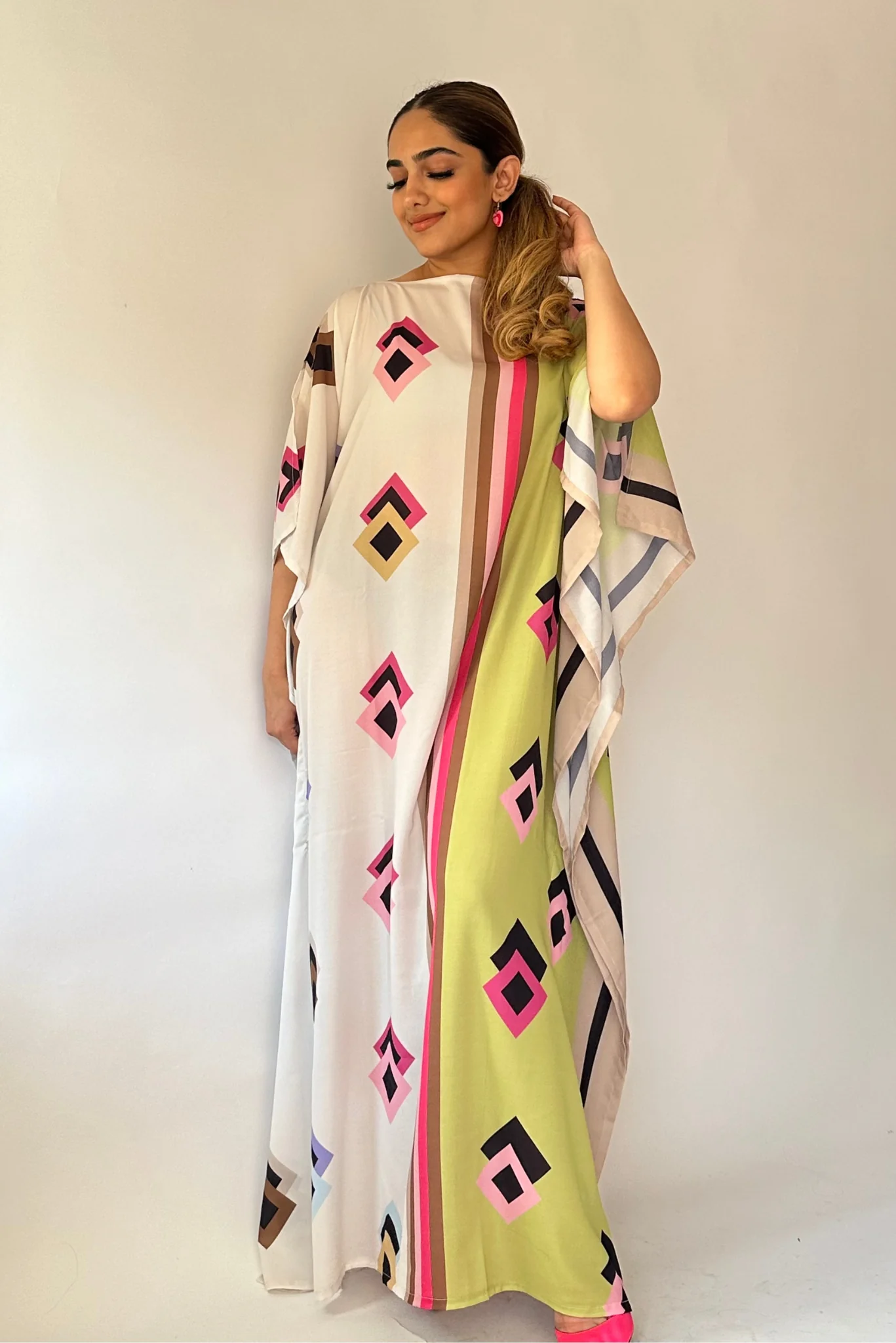 Neon Geo Silk Kaftan Dress – Vibrant Luxe Edition