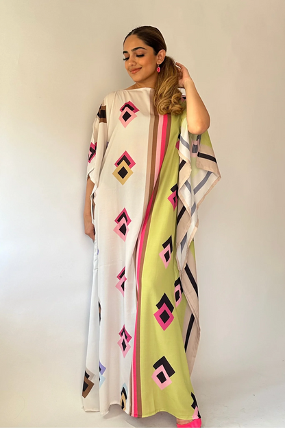 Neon Geo Silk Kaftan Dress – Vibrant Luxe Edition