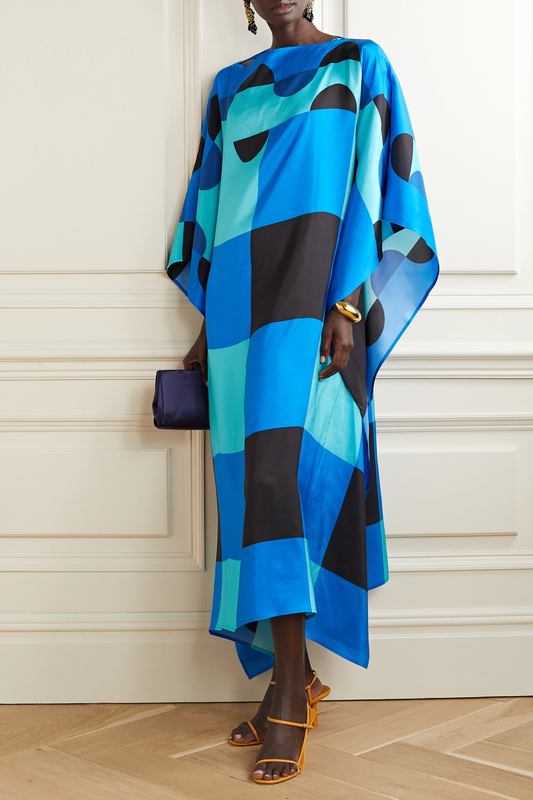 Blue & Black Geometric Print Satin Kaftan