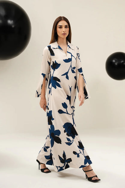 Midnight Petal Kaftan Dress – Ivory Blue