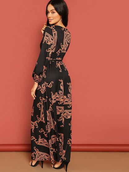 Midnight Muse Wrap Maxi Dress – Baroque Print Elegance