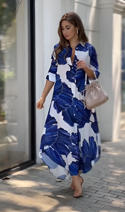 Ocean Bloom Abstract Maxi Shirt Dress – Blue & White