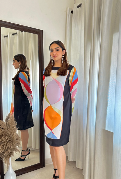 Geometric Colorblock Silk Shift Dress – Multicolor Elegance