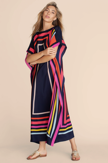 Navy Blue Multicolor Graphic Stripe Kaftan