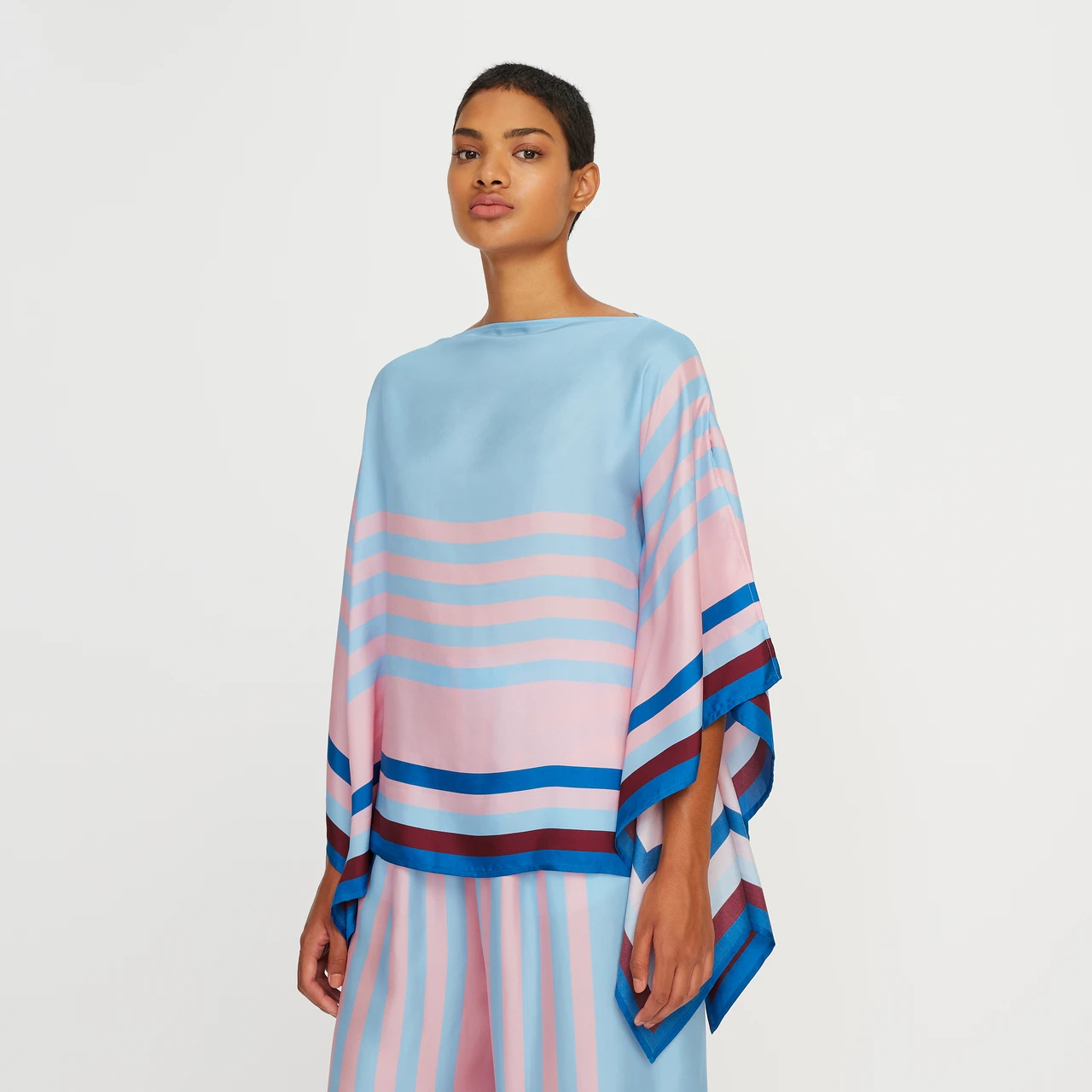 Pastel Blue & Pink Striped Silk Co-ord Set (Kaftan Top & Wide-Leg Pants)