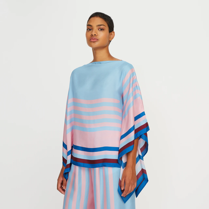 Pastel Blue & Pink Striped Silk Co-ord Set (Kaftan Top & Wide-Leg Pants)