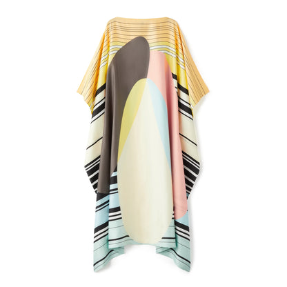 Pastel Wave Silk Kaftan Dress – Abstract Elegance