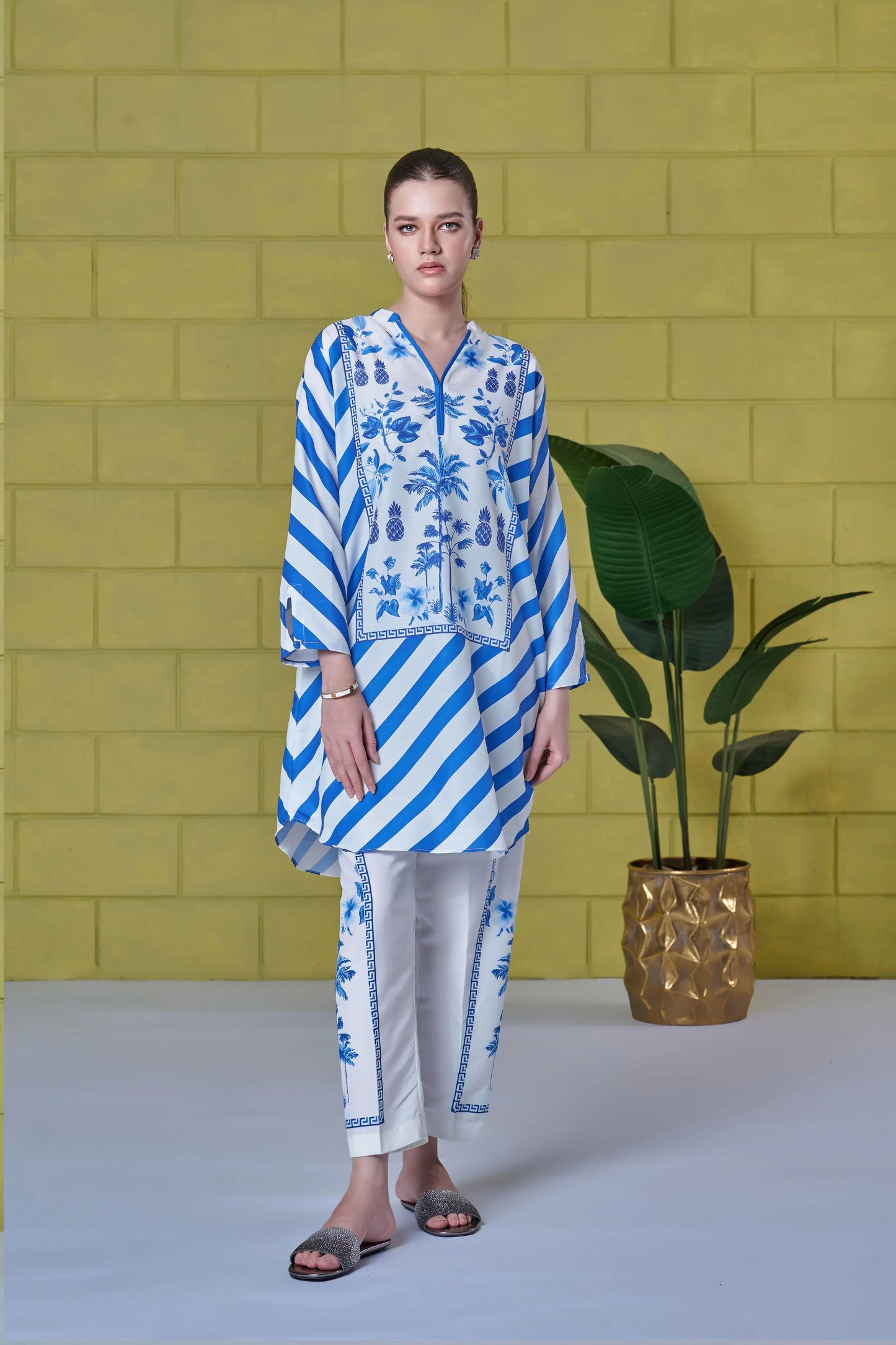 Santorini Breeze Co-ord Set – Blue & White Striped Floral