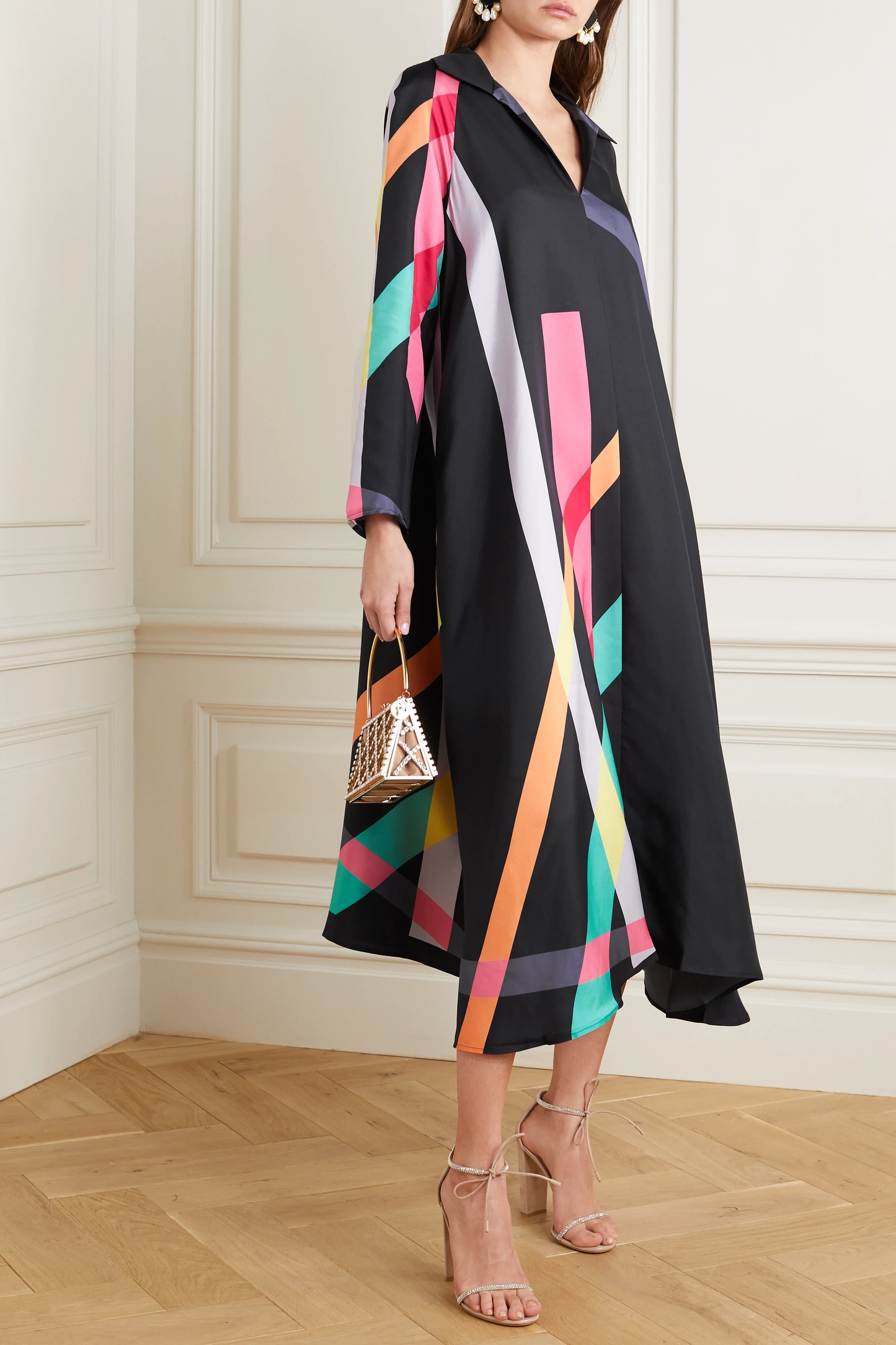 Black Long-Sleeve Geometric Striped Kaftan
