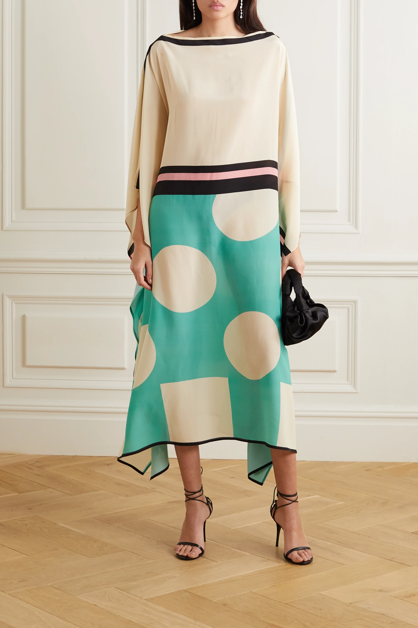 Elegant Beige & Mint Polka Print Kaftan