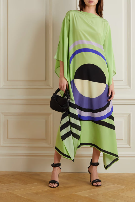 Lime Mirage Silk Kaftan Dress – Bold Geometry, Effortless Elegance