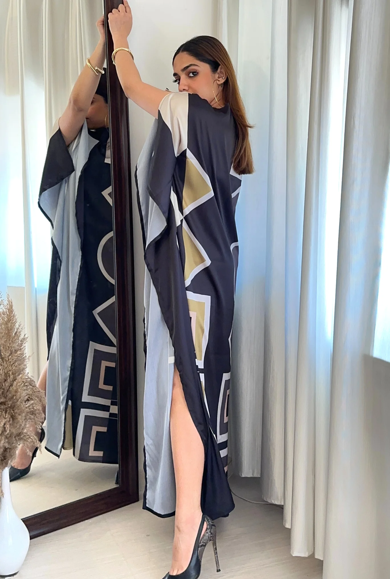 Golden Geometry Kaftan Dress – Luxe Satin Edition