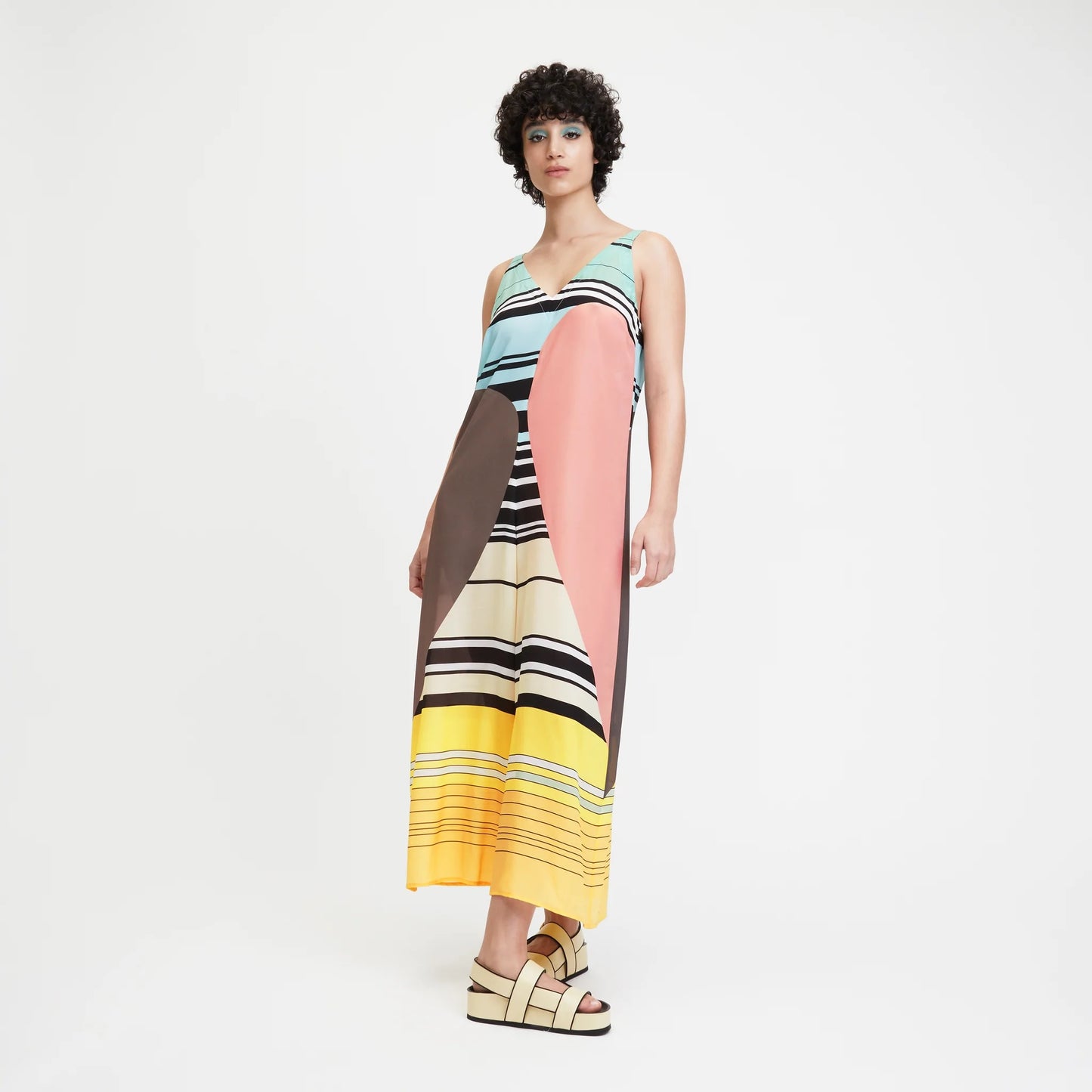 Sunset Spectrum Silk Maxi Dress – Modern Geometry Meets Summer Ease