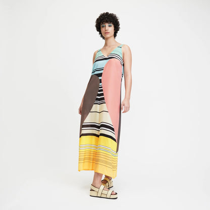 Sunset Spectrum Silk Maxi Dress – Modern Geometry Meets Summer Ease