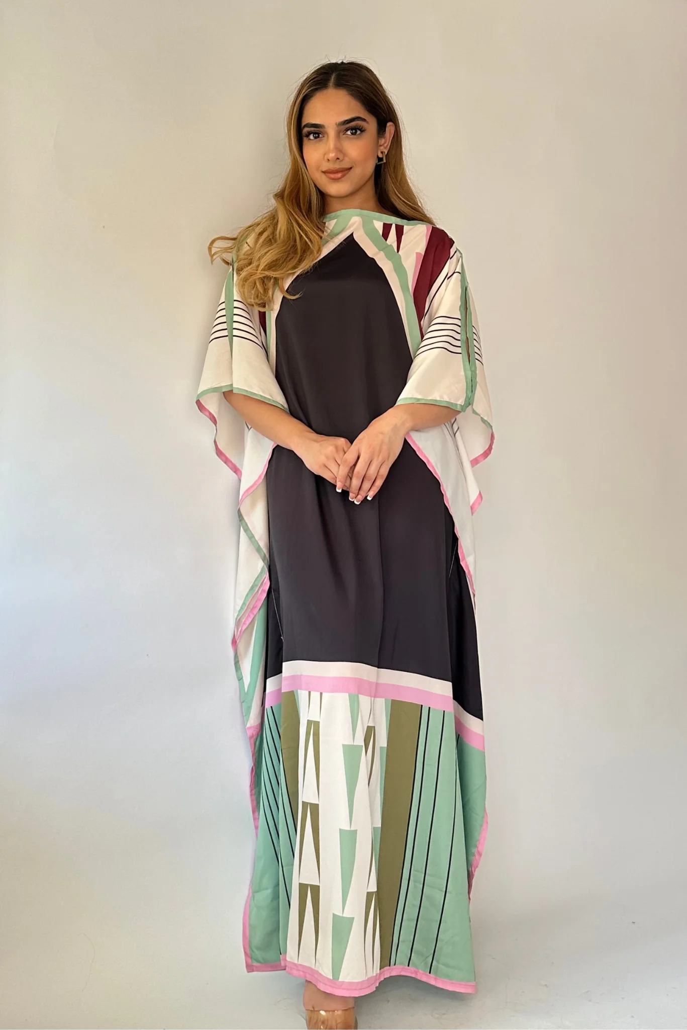 Elegant Black & Green Geometric Printed Kaftan