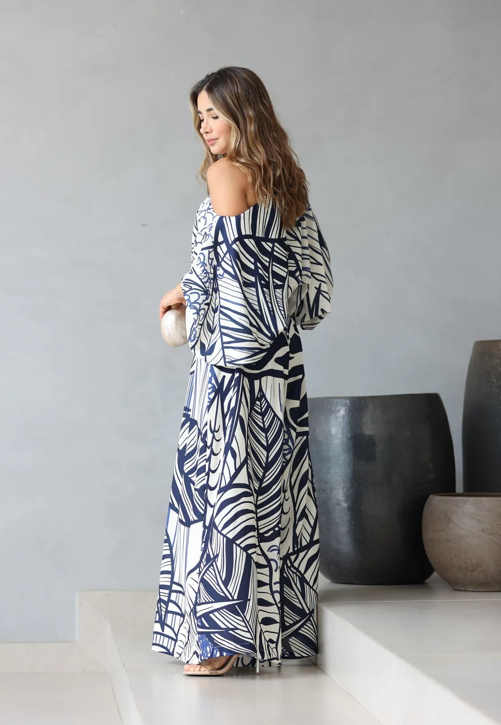 Azure Bloom One-Shoulder Printed Co-ord Set – White & Navy