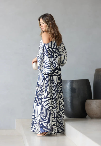 Azure Bloom One-Shoulder Printed Co-ord Set – White & Navy