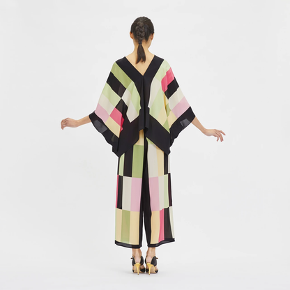 Multicolor Block Print Silk Co-ord Set (V-Neck Kaftan Top & Wide-Leg Pants)