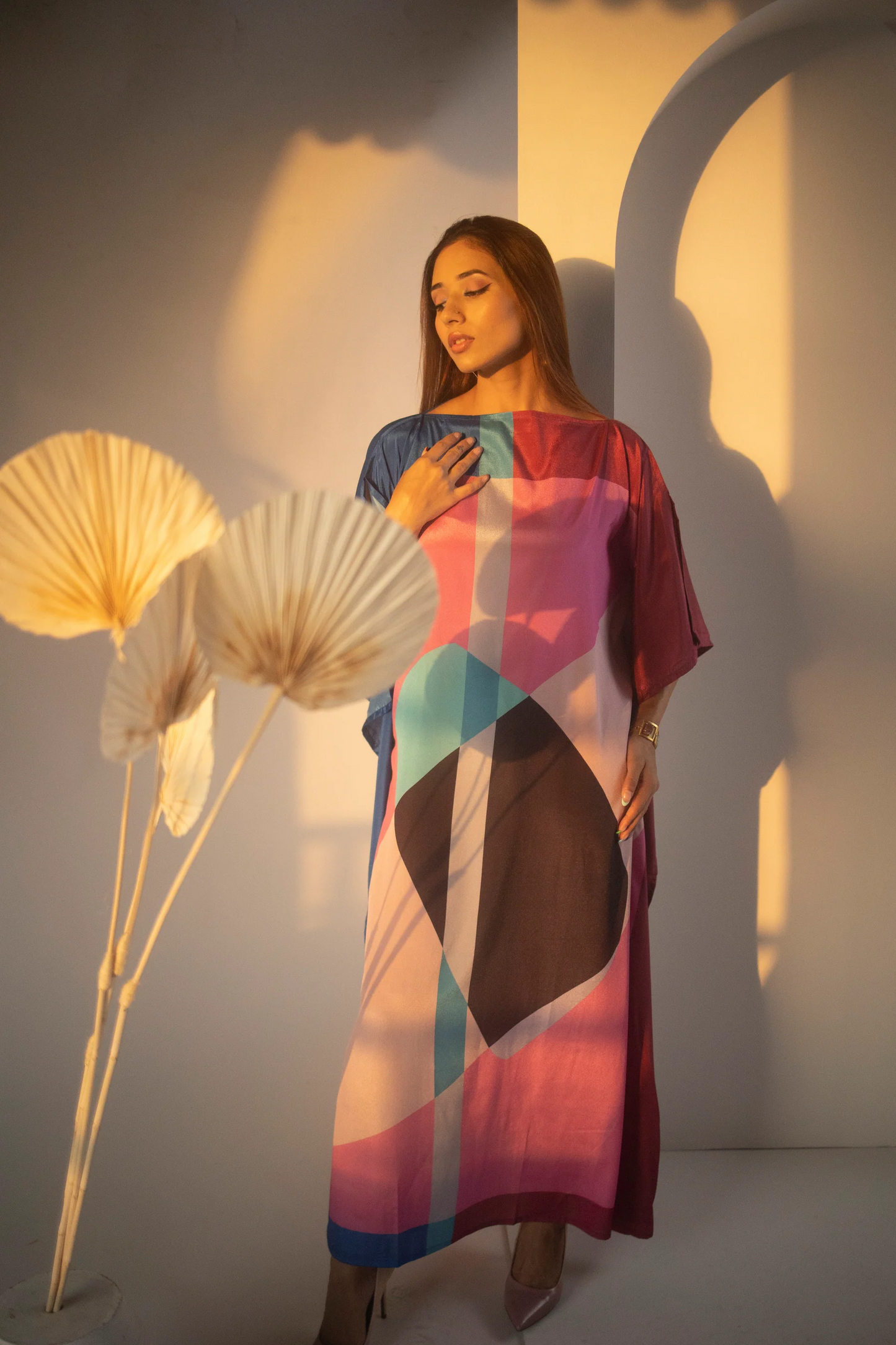 Abstract Multicolor Luxe Satin Kaftan