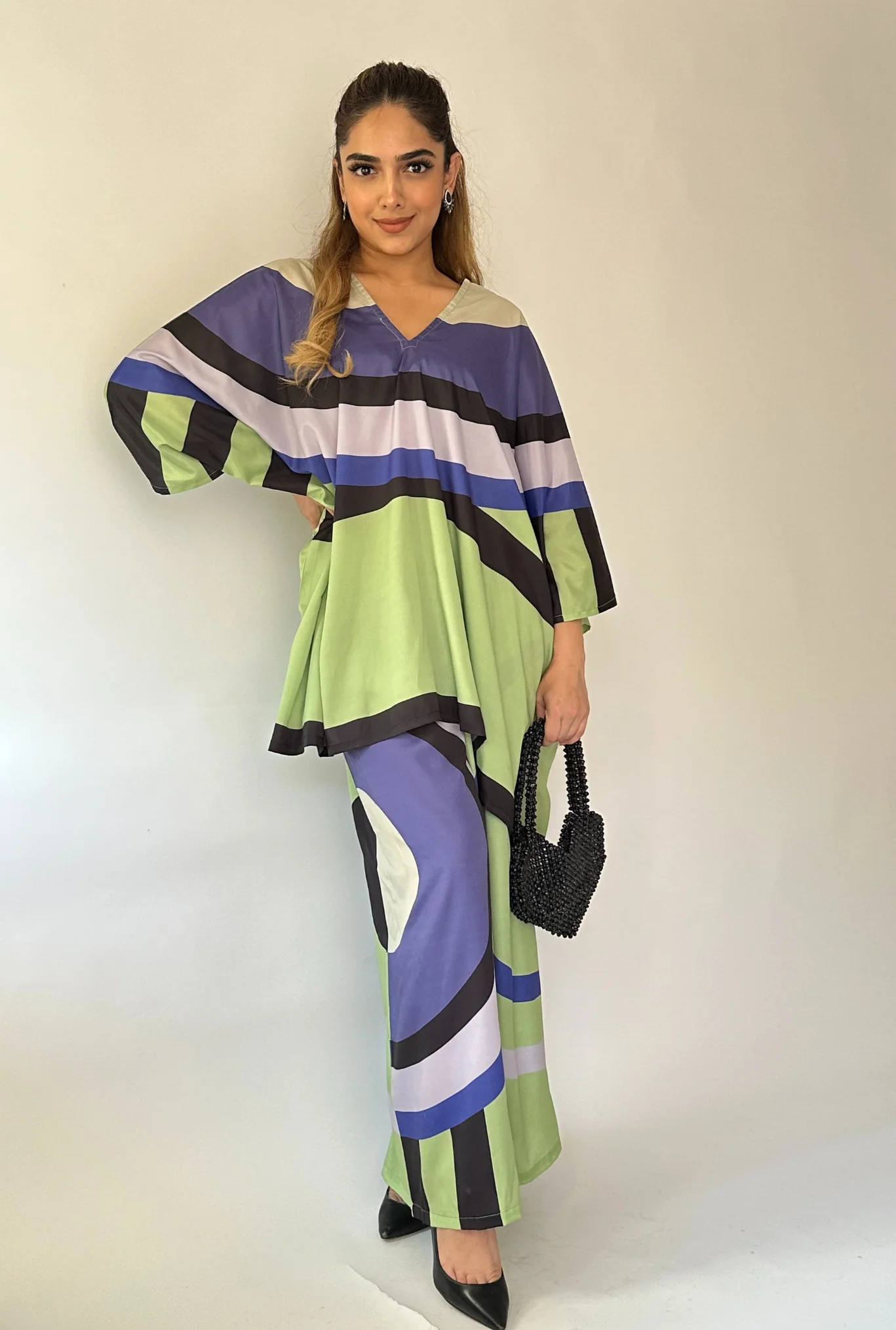 Green Aurora Silk Co-ord Set – Luxe Geometric Chic