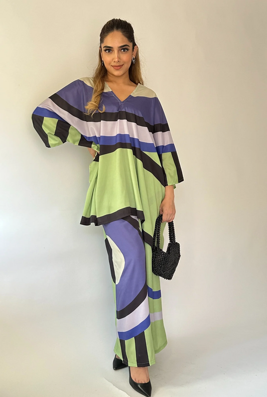 Green Aurora Silk Co-ord Set – Luxe Geometric Chic