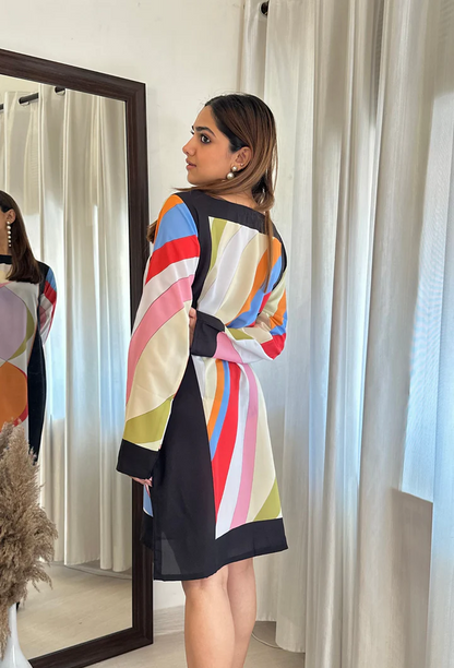 Geometric Colorblock Silk Shift Dress – Multicolor Elegance