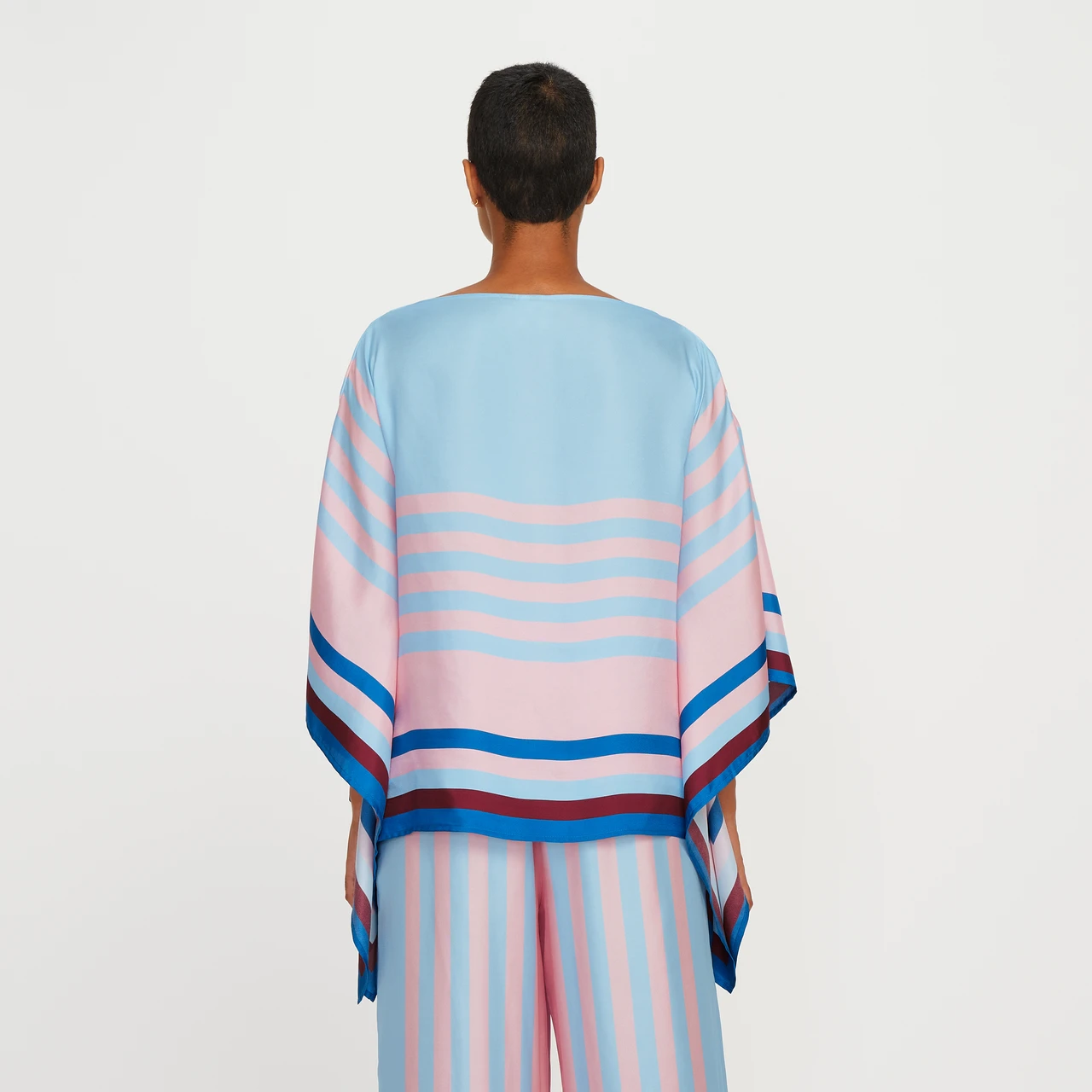 Pastel Blue & Pink Striped Silk Co-ord Set (Kaftan Top & Wide-Leg Pants)