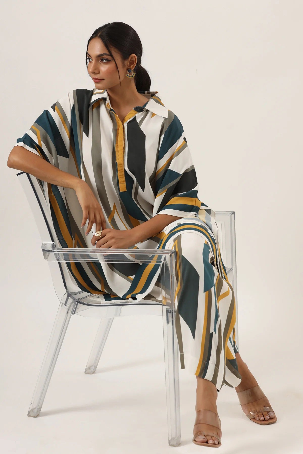 Urban Mirage Kaftan Co-ord Set – Mustard, Teal & Ivory
