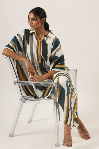 Urban Mirage Kaftan Co-ord Set – Mustard, Teal & Ivory