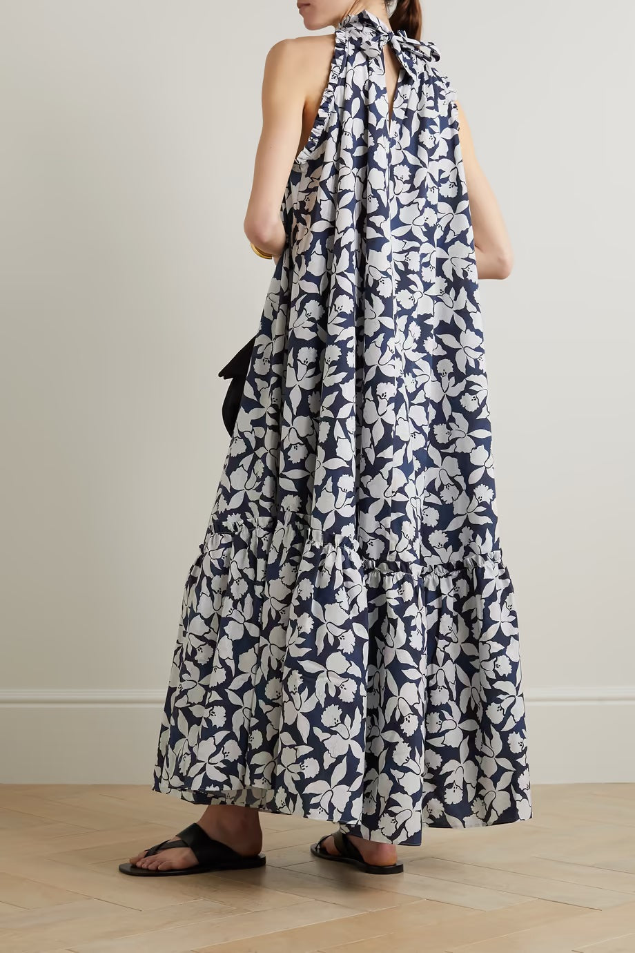 Midnight Bloom Halter Maxi Dress – Navy & White Floral