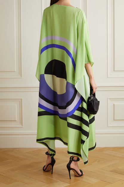 Lime Mirage Silk Kaftan Dress – Bold Geometry, Effortless Elegance