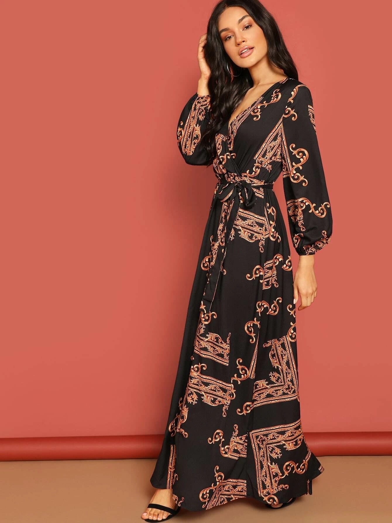 Midnight Muse Wrap Maxi Dress – Baroque Print Elegance
