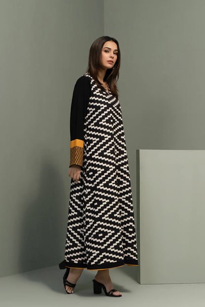 Geometric Print Long Dress – Black & Mustard Statement Style