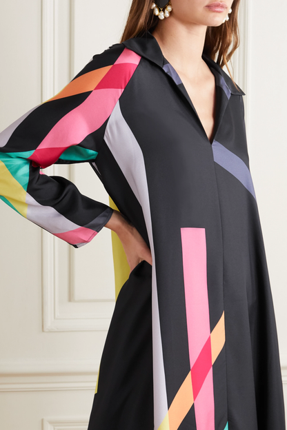 Black Long-Sleeve Geometric Striped Kaftan