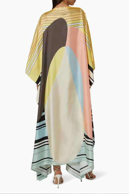 Pastel Wave Silk Kaftan Dress – Abstract Elegance