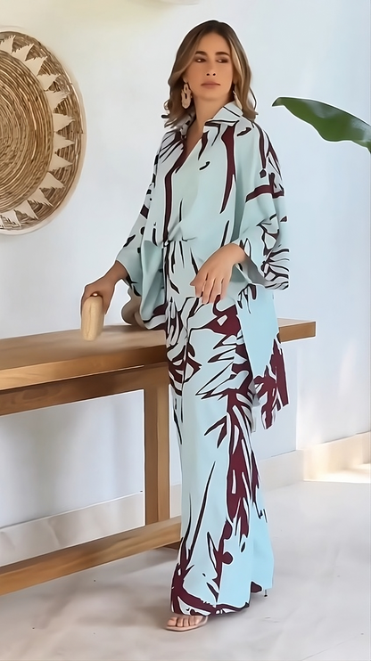 Celeste Wave Printed Co-ord Set – Sky Blue & Maroon