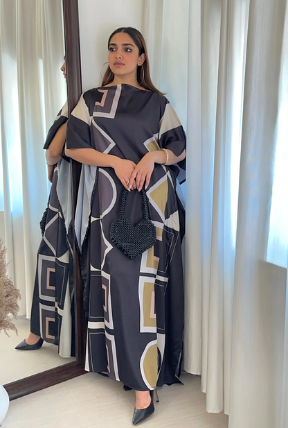 Golden Geometry Kaftan Dress – Luxe Satin Edition
