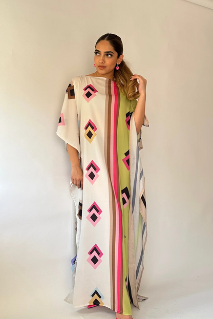 Neon Geo Silk Kaftan Dress – Vibrant Luxe Edition