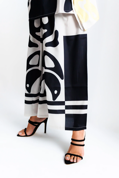 Black & Ivory Abstract Silk Co-ord Set (Kaftan Top & Wide-Leg Pants)