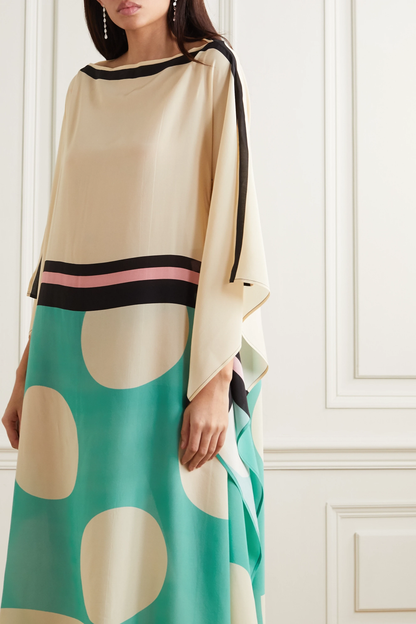 Elegant Beige & Mint Polka Print Kaftan